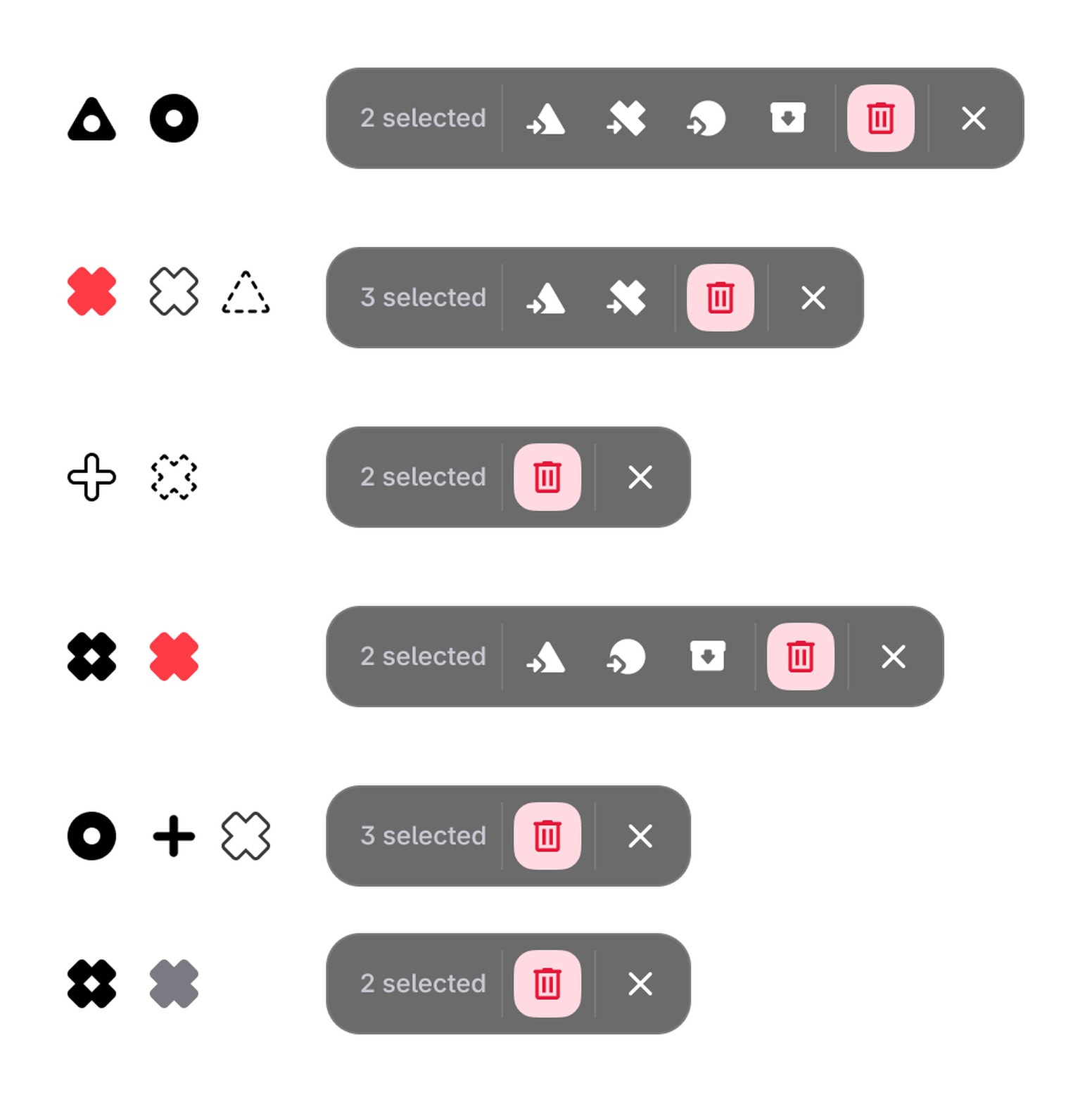 Six mixed selections and the menu each one produces: the more the selected point types differ, the fewer actions remain — down to delete and clear when nothing else applies to all of them