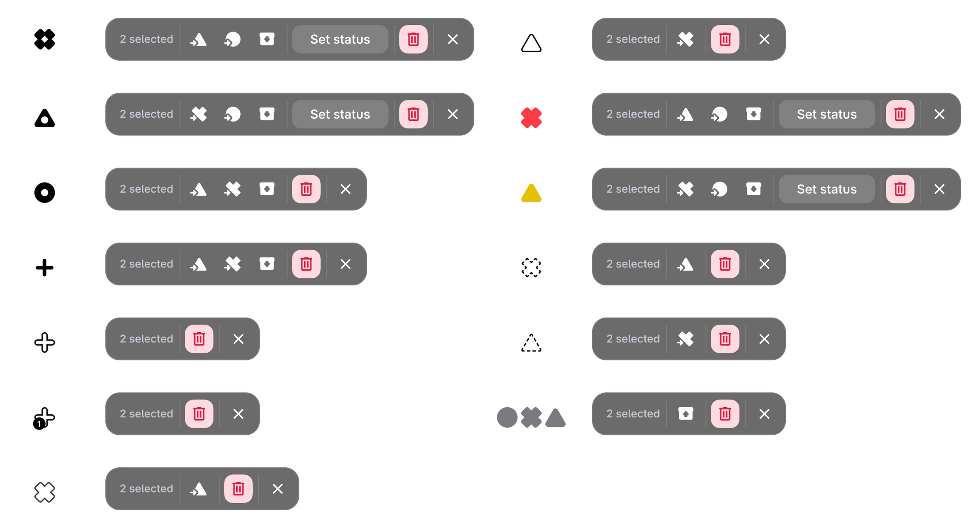 Thirteen versions of the action menu, one per point type: the marker's glyph on the left and the menu it produces on the right, from a full set including Set status down to just delete and clear