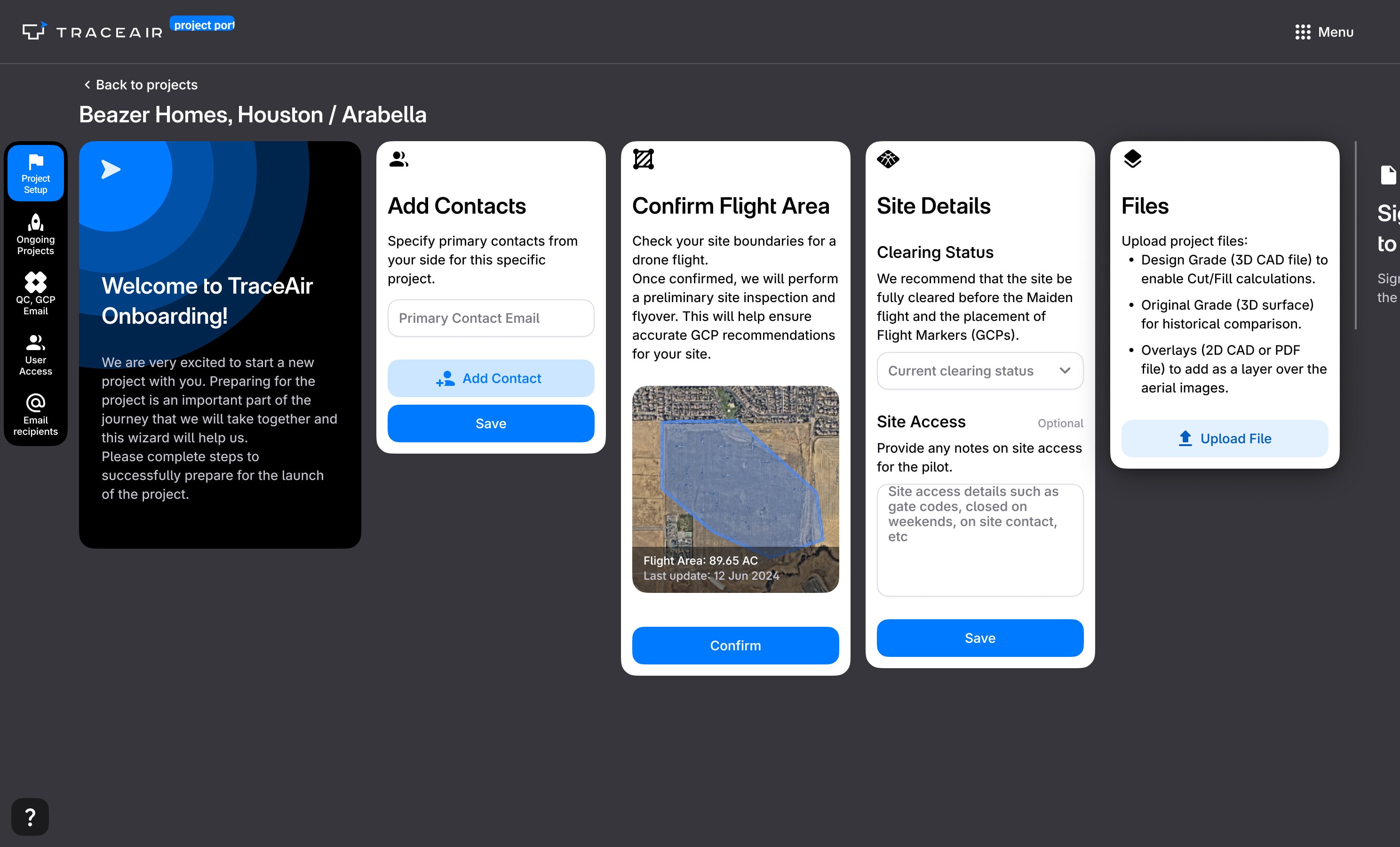 The old onboarding: a wizard of cards scrolling sideways across a dark screen, with no progress and no status on any step