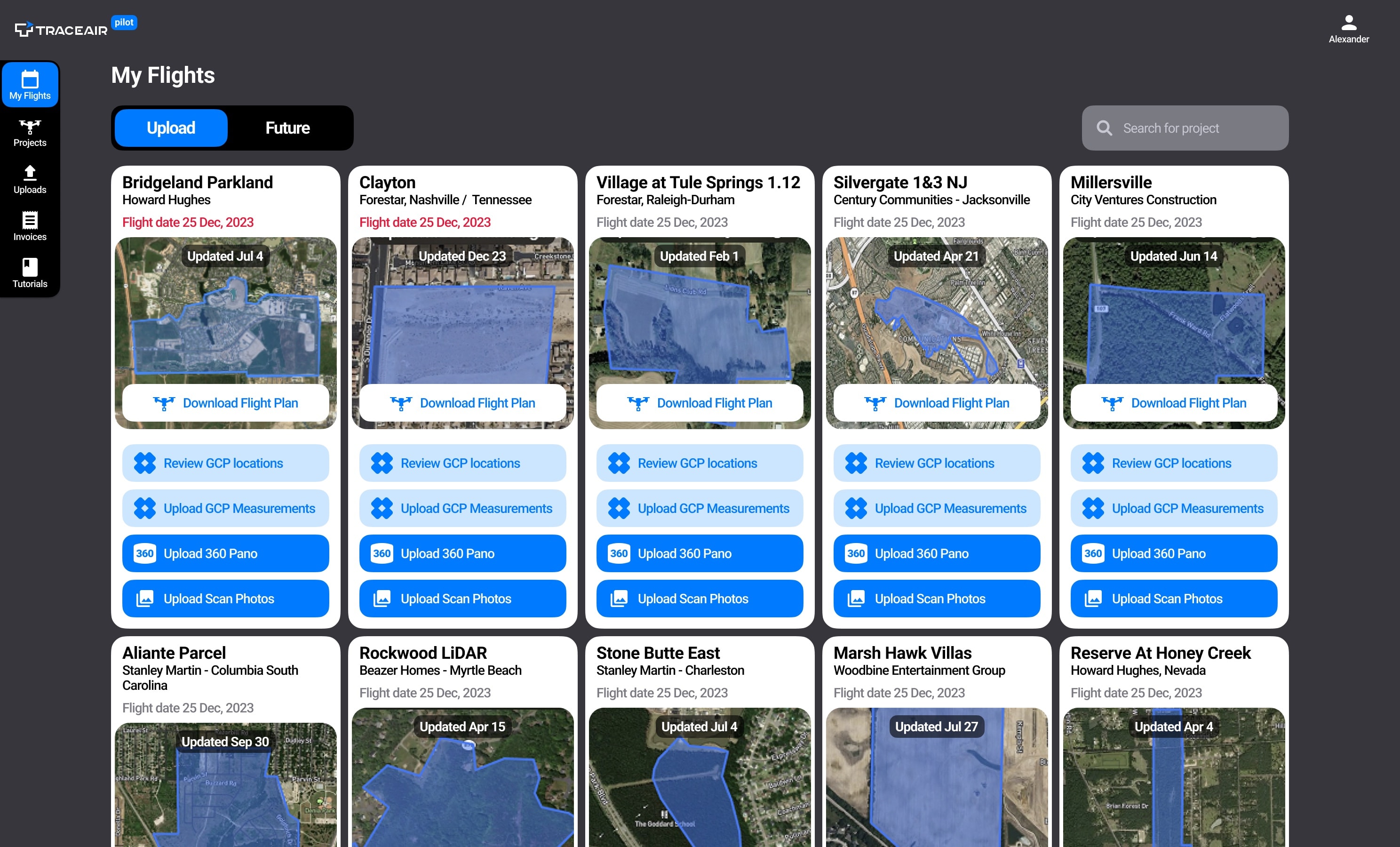 The old Pilot app: a dark board of flight cards, each repeating the same four upload actions
