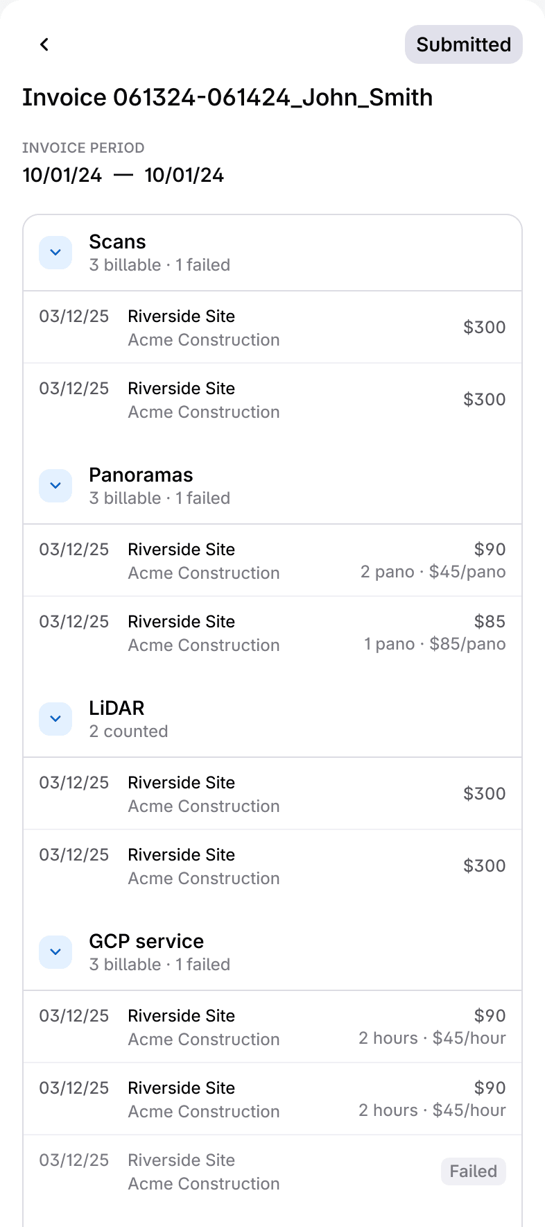 A submitted invoice on a phone, its items grouped by cost type