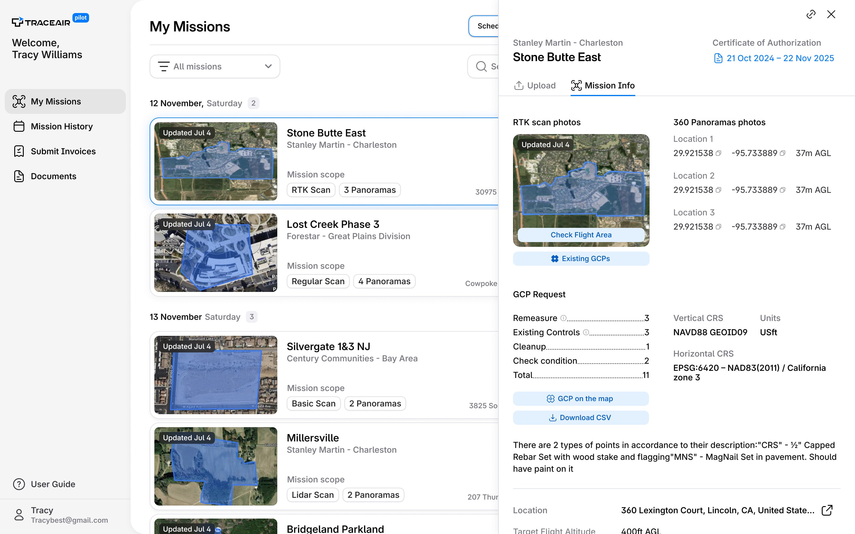 Mission info open over the mission list: scan area, 360 panorama coordinates, GCP request and coordinate systems