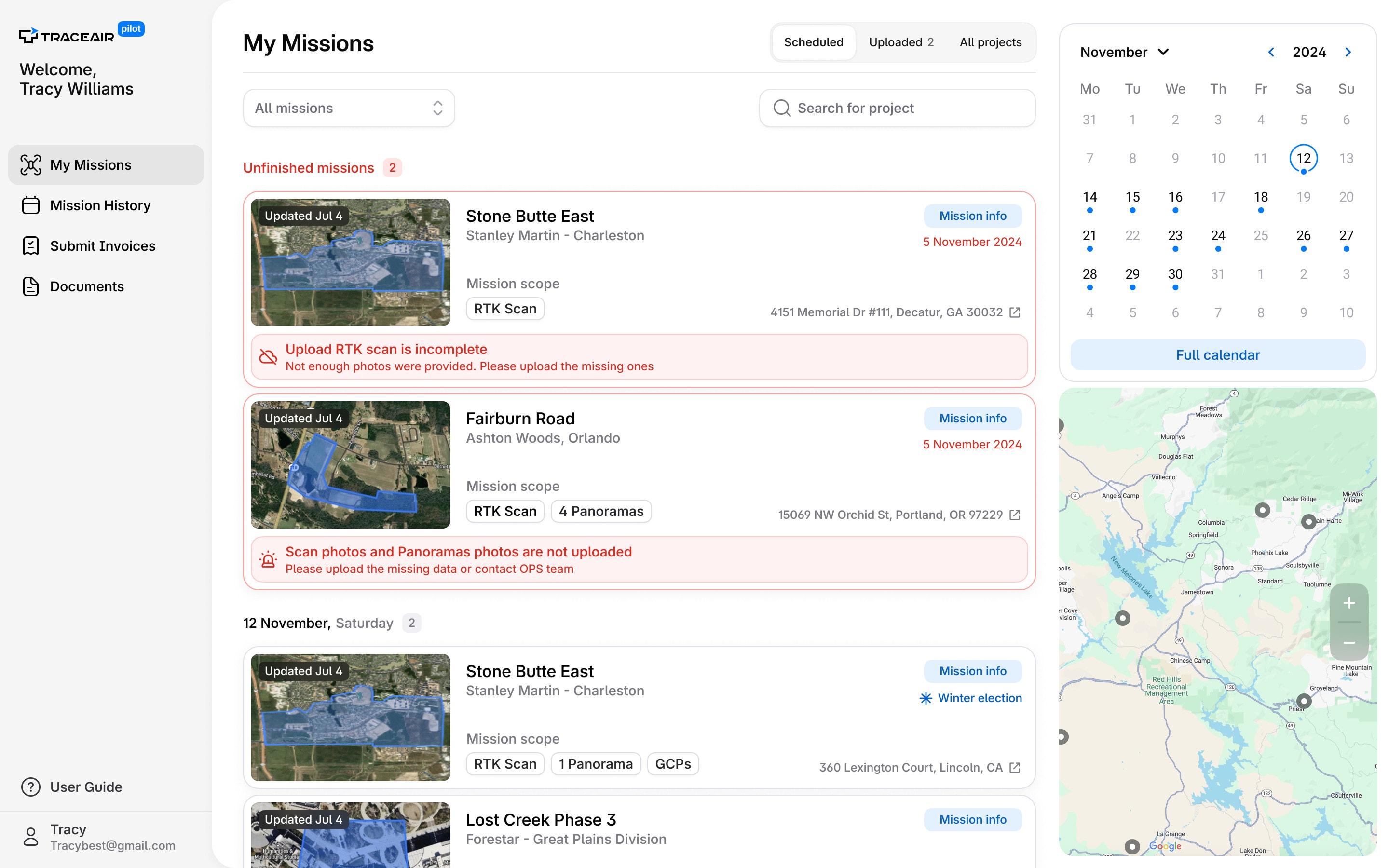 The mission list with an Unfinished missions group at the top, each mission naming what is missing