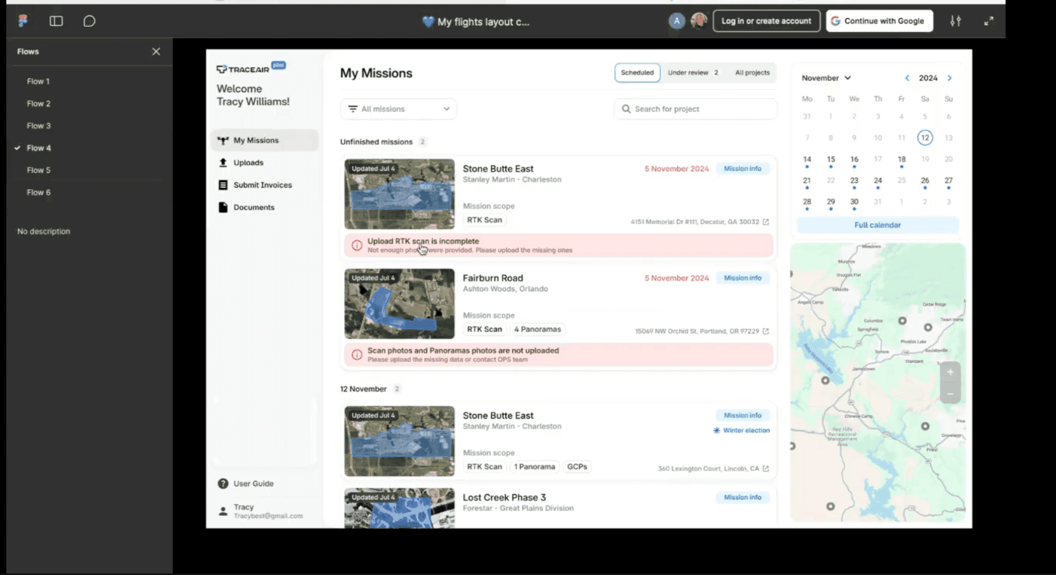 The prototype under test in Figma, mission list with upload errors flagged
