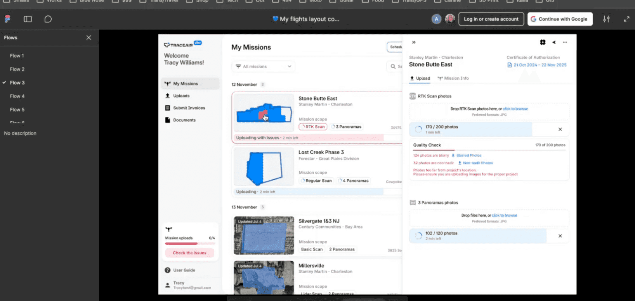 The prototype under test in Figma, several missions uploading with a quality check